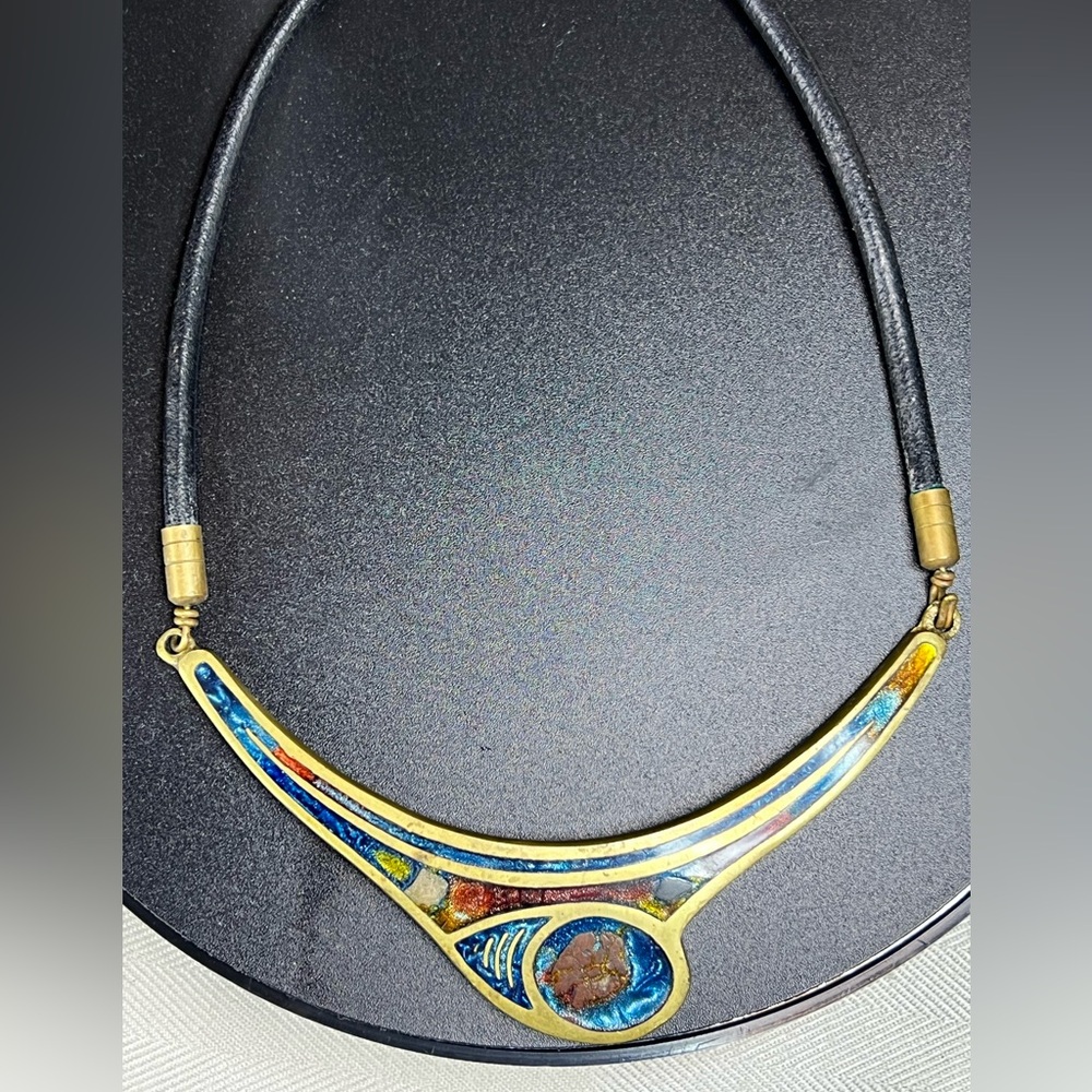 Vintage 1980’s Brass and Fused Glass Artistic Blue and Gold Choker Necklace